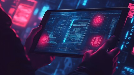 Business person holding an Pad displaying technology background