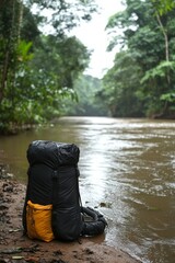 Wall Mural - A backpack sits quietly on the riverbank as calm waters flow gently by, framed by vibrant jungle foliage in a tranquil natural area