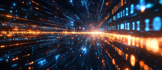 Abstract tunnel of binary code, glowing in orange and blue.