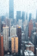 Wall Mural - A city skyline is partially obscured by fog and rain, creating a serene atmosphere as water droplets cling to the glass, blurring the urban landscape