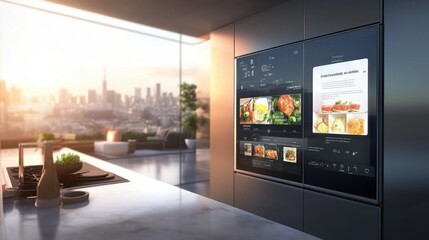 Modern Kitchen with Smart Refrigerator and City View