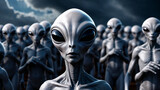 Alien crowd gathering with somber expressions in cloudy backdrop.