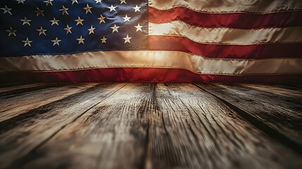 Wall Mural - Wooden Floor with American Flag Background