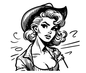 Wall Mural - Stylized pin-up cowgirl headshot with iconic hat – retro illustration