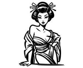 Wall Mural - japanese geisha with floral hair decoration in pinup style – black vector