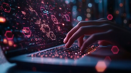 digital hologram technology icons with laptop typing, a business man professional is typing on an op