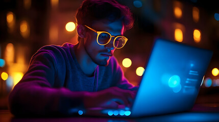 Man Using Laptop in Neon Light - Photo