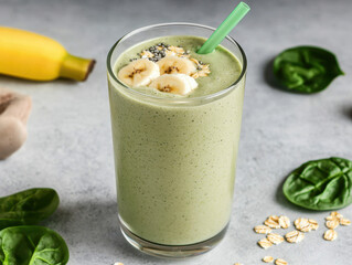 Healthy green smoothie with banana, spinach, and oats, perfect for nutritious boost. Enjoy this refreshing drink packed with vitamins and energy!