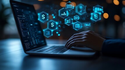 Digital hologram technology icons with laptop typing, A business man professional is typing on an open laptop with hologram icons