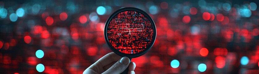 Wall Mural - a hand holding a glowing circular object against a blurred background of red and blue lights, symbol