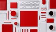 © Siripong - A vibrant red workspace layout showcasing office supplies, technology, and creativity in a modern environment.