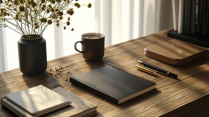 Wooden Desk with Notebook  Coffee  and Dried Flowers