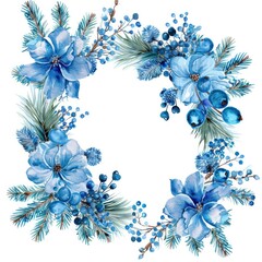 Wall Mural - Blue Flower Frame. Watercolor Illustration of Christmas Wreath with Cotton and Pine Branches