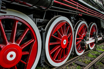 Closeup of an old steam locomotive wheel, showcasing the intricate engineering and historical significance of vintage transportation.