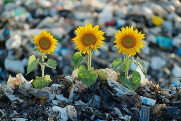 Canvas Print - Three sunflowers are growing in a pile of trash. The flowers are yellow and are surrounded by garbage. Concept of decay and neglect, as the trash has taken over the area where the flowers are growing