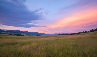 Wall Mural - Serene field under a dramatic cloudy sky at sunset, Generative AI 