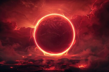 Wall Mural - circle the globe. bright starry night: abstract red neon light circle in space