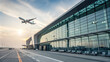 © KingKongThePitbull - Modern airport terminal with an airplane taking off in the background
