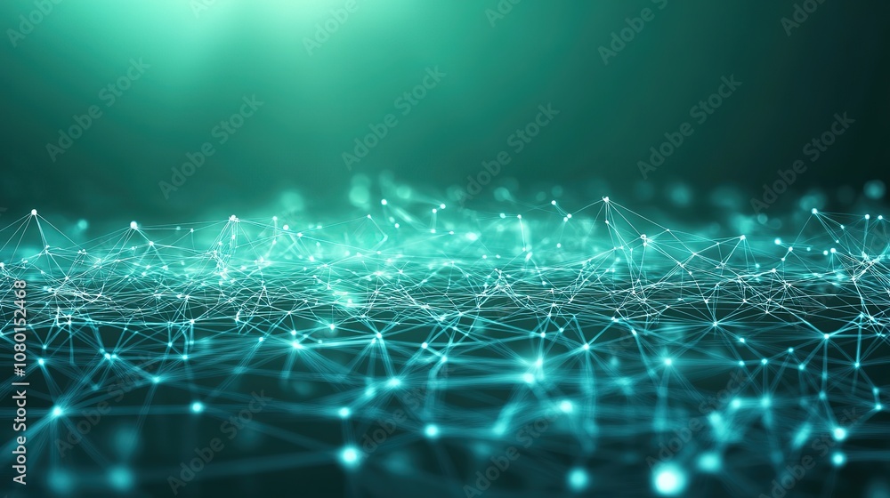 Green abstract background with a network grid and particles connected ...