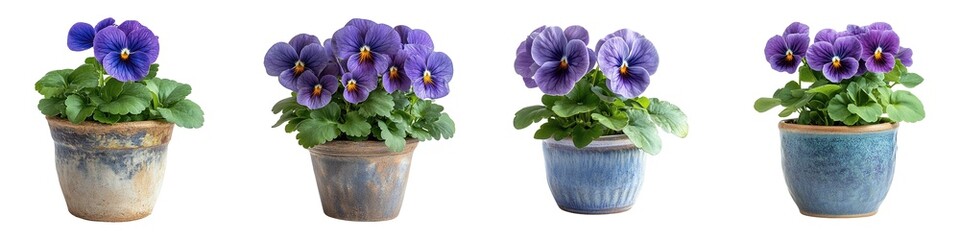 Wall Mural - Collection of Purple Pansy Plants in Rustic Ceramic Pots Isolated on Transparent Background