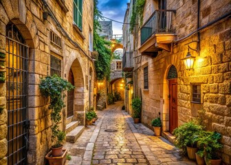  Cozy Narrow Street in Old City Jerusalem: Capturing the Charm of Stoned Houses and Historic Walls in the Jewish Quarter, an Inviting Slice of Israel's Rich Heritage
