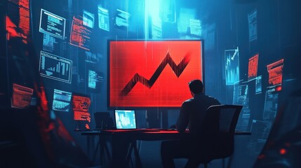 Man in a Dark Room Focused on a Large Red Screen with a Line Graph