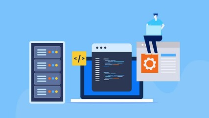 Software coding and programming, It engineer with laptop connects web server, updating web application, Information technology video animation.