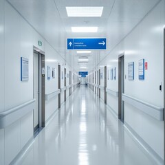 Hospital corridor with signs indicating different departments, clean and organized, wayfinding, hospital design