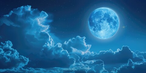 Wall Mural - Full Moon Sky. Halloween Night with Moonlight and Stars in Dark Blue Sky