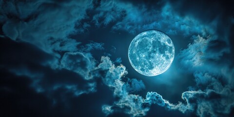 Wall Mural - Full Moon Sky. Halloween Night with Moonlight, Stars, and Dark Clouds