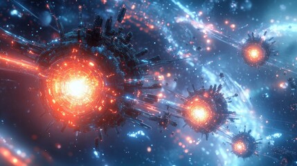 Wall Mural - Abstract glowing spheres in deep space with swirling nebulae.
