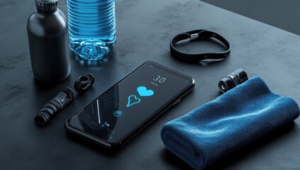 Poster - A fitness-themed flat lay featuring a smartphone, water bottle, towel, and fitness tracker.