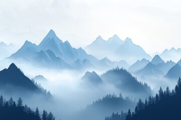 a blue mountain range with mist rising from the peaks, creating an ethereal and dreamy atmosphere.