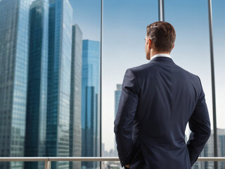 The back view of a business professional in a blue suit, standing in an urban commercial office district, with towering buildings and a bustling city atmosphere.