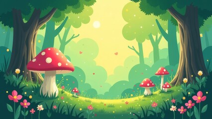 Fototapete - A forest scene with a path and a bunch of mushrooms