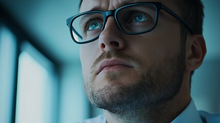 Wall Mural - A focused man wearing glasses stares thoughtfully, showcasing determination and contemplation in a professional atmosphere.