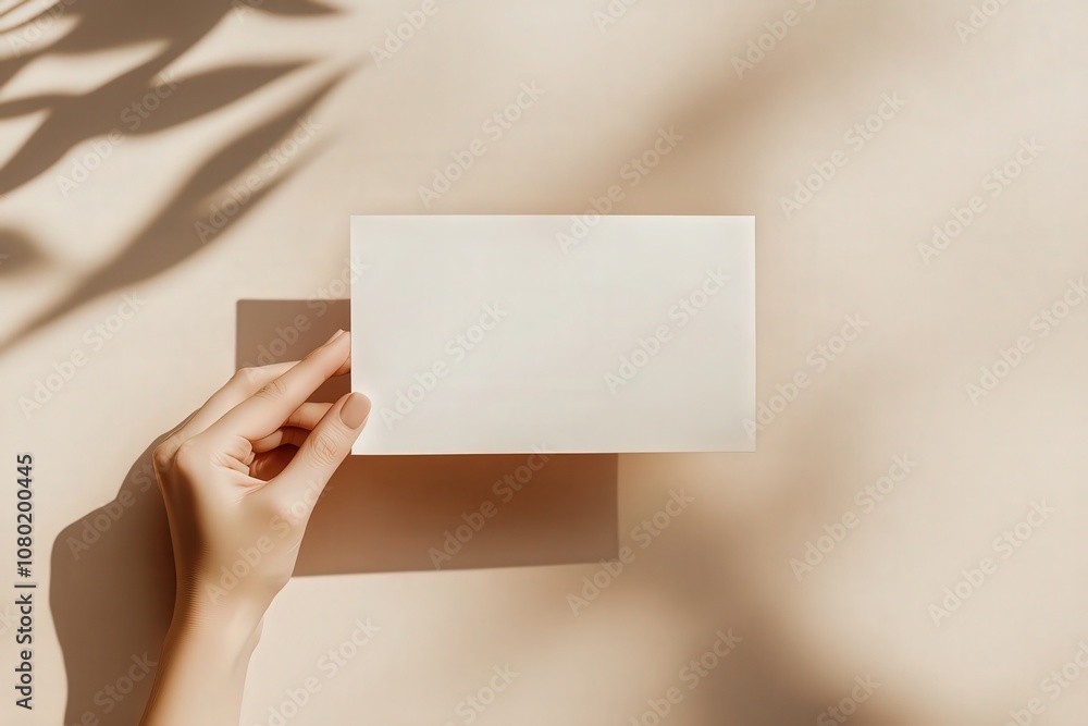 A hand presents a blank, soft beige postcard mockup against a light beige backdrop. Delicate shadows create a tranquil atmosphere, highlighting the simplicity of the design.