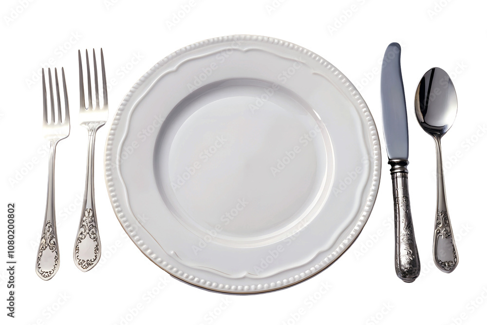 Empty plate with spoon fork knife on white background, isolated cut out ...