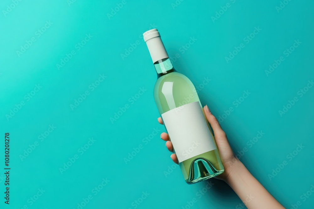 A hand presents a wine bottle mockup on a pastel blue background, showcasing the clean design. The label is blank, inviting customization for branding or marketing purposes.