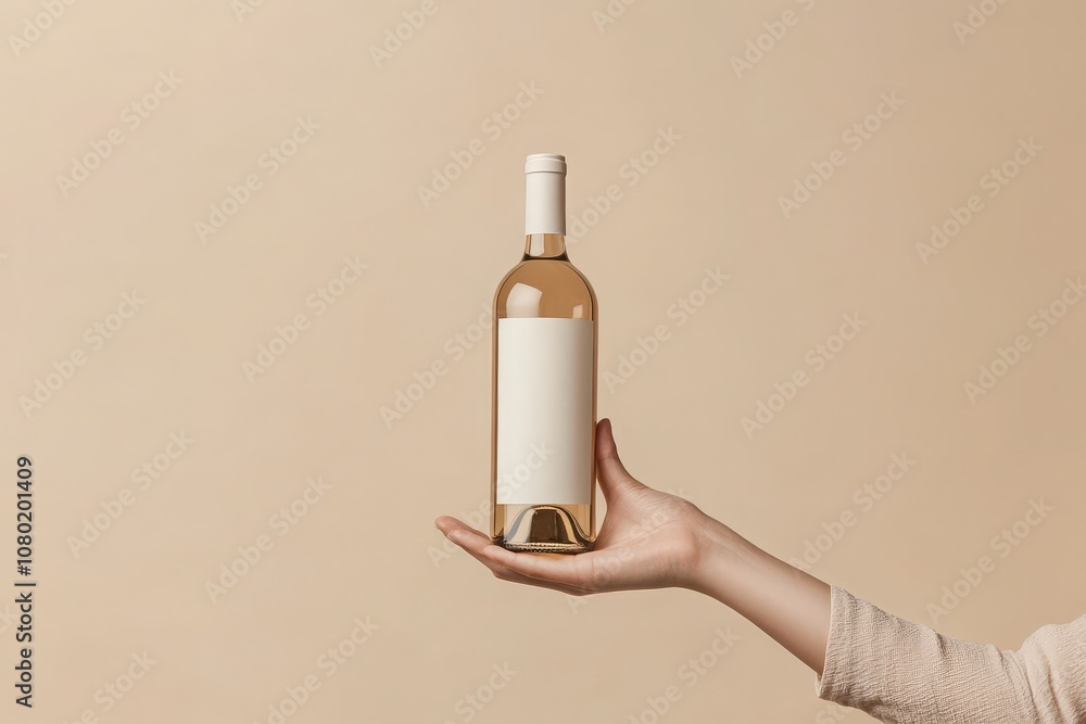 A hand gently holds a mockup of a soft beige wine bottle featuring a blank label, perfect for showcasing design ideas for branding or product presentation.