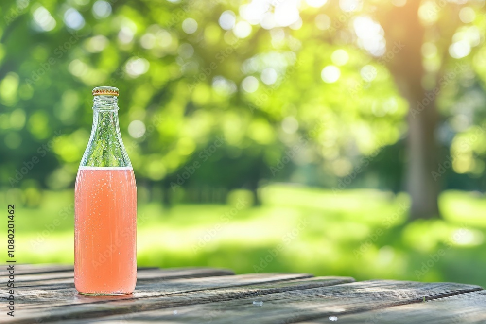 A cold-pressed juice bottle is displayed on a rustic wooden table, surrounded by lush greenery and sunlight filtering through the trees, creating a fresh and inviting outdoor atmosphere.