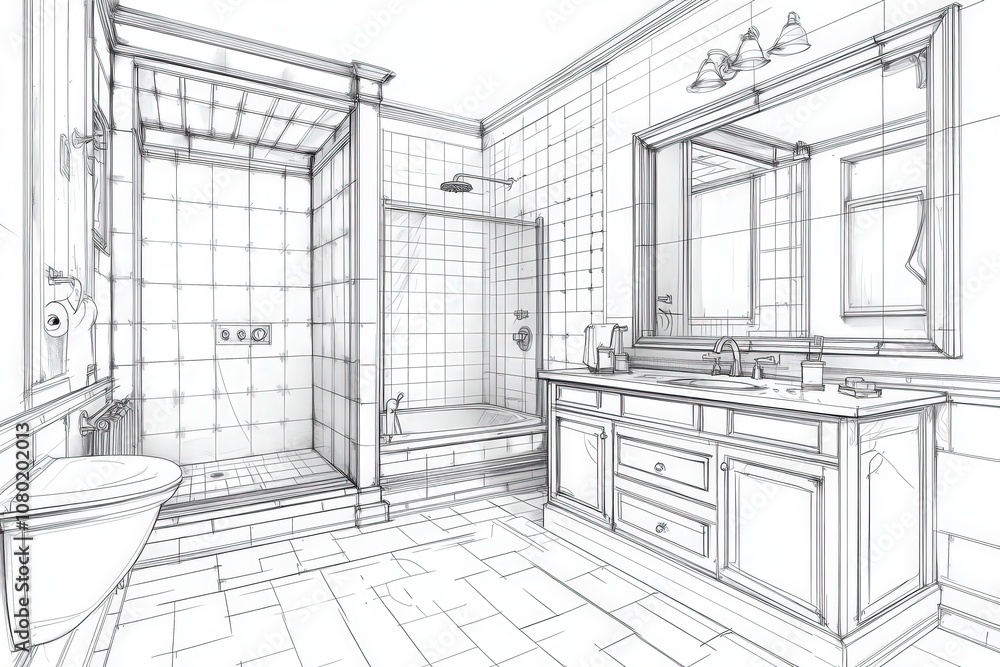 This technical sketch outlines a modern bathroom design, showcasing a shower area, vanity, and toilet placement. Each component is meticulously drawn with clean lines and detailed measurements.