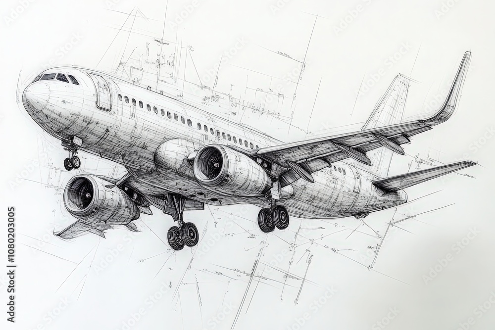 A technical sketch showcases a detailed drawing of an airplane, highlighting its structural components and design features.