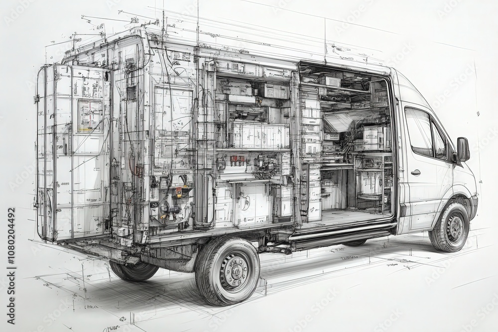 This technical sketch illustrates a delivery truck design, focusing on its internal layout and functional elements.