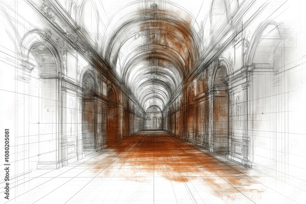 This artwork illustrates a technical sketch of a grand hallway, showcasing intricate arches and a detailed flooring plan. The perspective emphasizes depth, making the space feel expansive and elegant.