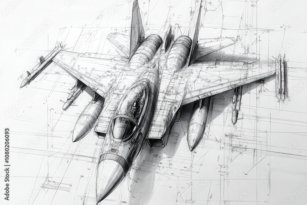 This technical sketch showcases a detailed design of a modern jet fighter, highlighting its aerodynamic shape, weaponry placements, and structural elements for advanced aviation performance.