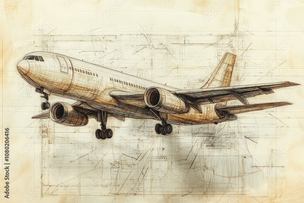 This technical sketch outlines the design of a modern aircraft, focusing on its innovative structural features and aerodynamic shapes. The drawing highlights essential engineering details.