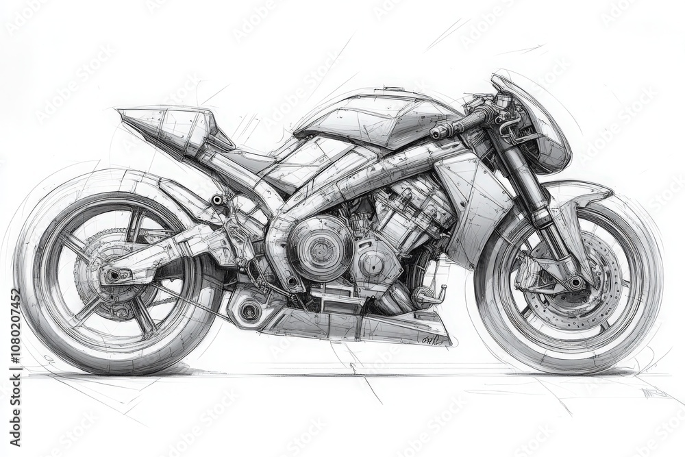 This technical sketch illustrates a motorcycle design, highlighting its unique features and mechanical components. The drawing emphasizes the bikes sleek structure and engineering details.