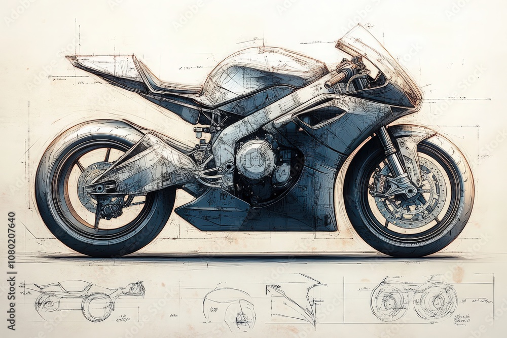 A detailed technical sketch showcases a modern motorcycle design, highlighting precise dimensions, angles, and components, illustrating the artistry of engineering and design in a comprehensive view.