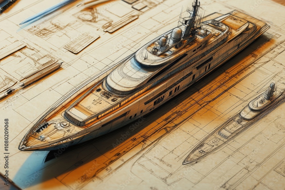 A detailed technical sketch illustrates a yacht, highlighting its sophisticated design and engineering features. Various angles and dimensions are presented with precision on the drafting paper.